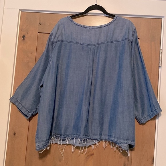 Per Se Chambray Popover Blouse 3/4 sleeve Womens 3X Raw hem Boxy coastal grandma - Picture 2 of 8